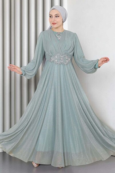 Missvalle Pearl Detailed Draped Glittery Evening Dress Mint 19189