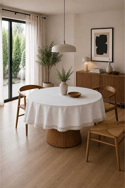 HOME ART ATELIER hand made YUVARLAK Dantel Şerit Kenarlı Bohem Masa Örtüsü