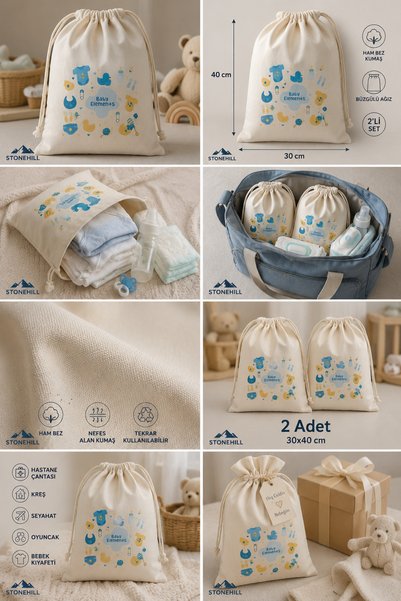 stonehill Baby Elements Printed Raw Cloth Drawstring Baby Bag 30X40 cm Set of 2 - Multi-Purpose Baby Item Storage and Organizer Bag