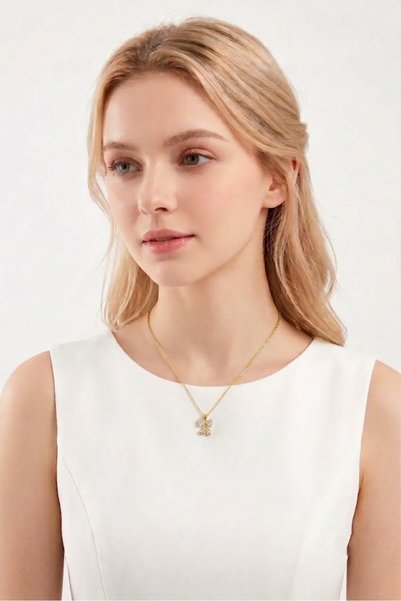 özgül takı ve tasarım Bow Model Zircon Stone Stainless Steel Gold Color Women's Necklace