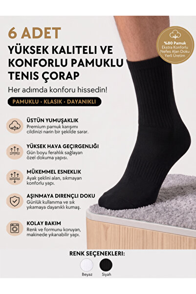 Sportingen 6 Çift Pamuklu Tenis Çorap Soket Boy - Unisex - Siyah Renk
