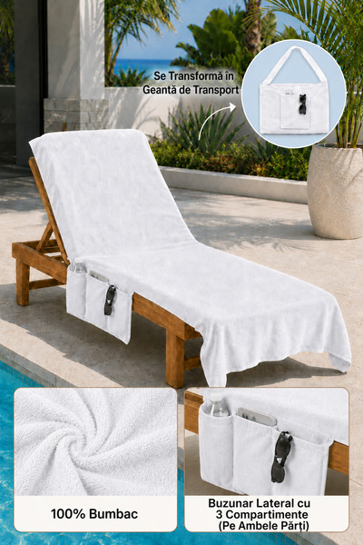 Anılsan Prosop de plajă și piscină 100% bumbac, alb, 60x180 cm - Uscare rapidă