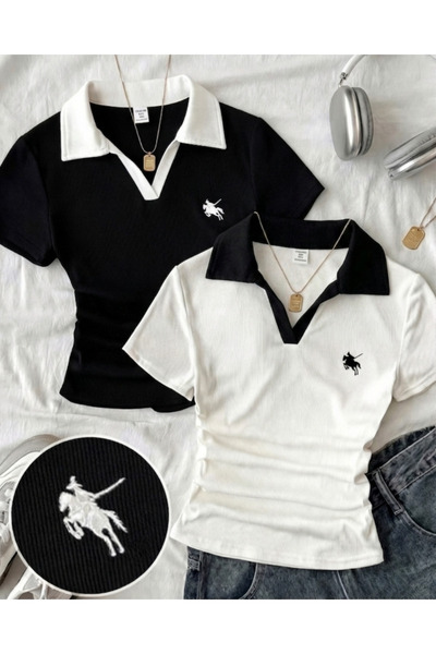 Toum 2'li Siyah & Beyaz Soul Polo Yaka Nakışlı Büzgülü Bluz