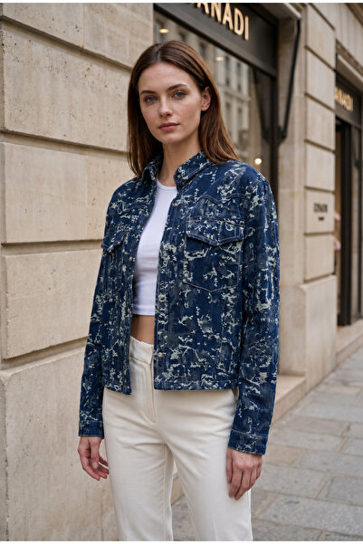 Denim Date Kadın Oversize Jakarlı İndigo Denim Ceket Kot Ceket