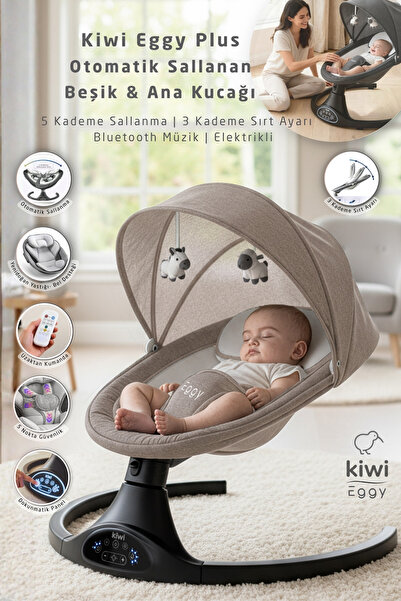 Kiwi Eggy Plus Elektrikli Otomatik Sallanan Bebek Ana Kucağı, 5 Farklı Sallanma Hızı, Oyuncaklı, Latte