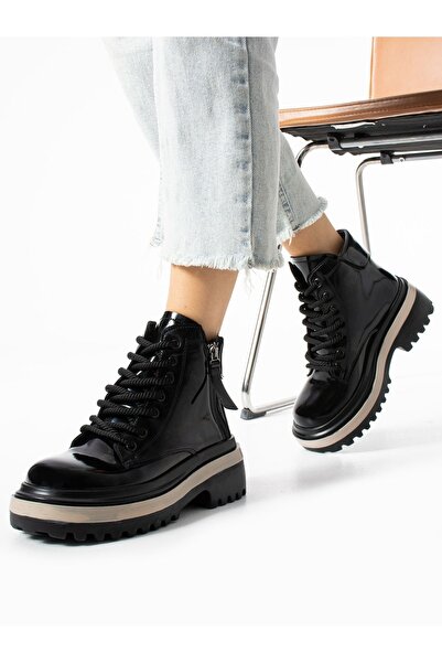 Alemdar Shoes PATRİCK Ghete de damă din piele neagră lacuită cu fermoar