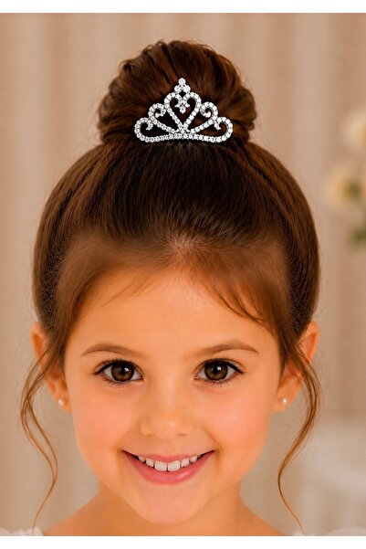 PonçiKids 4,5 cm Kristal Taşlı Prenses Taç Topuz Tokası Gümüş Renk Metal Tara...