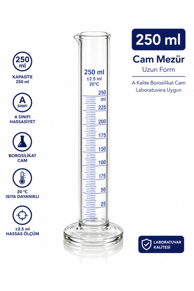 Labolist Cam Mezür 250 ml Uzun Form A Kalite Borosilikat Laboratuvara Uygun 1...