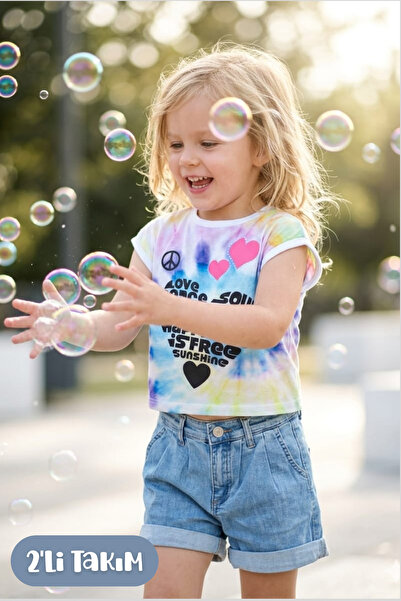 Hilal Akıncı Kids تي شيرت ملون مطبوع عليه Sunshine للفتيات، شورت جينز، طقم مك...
