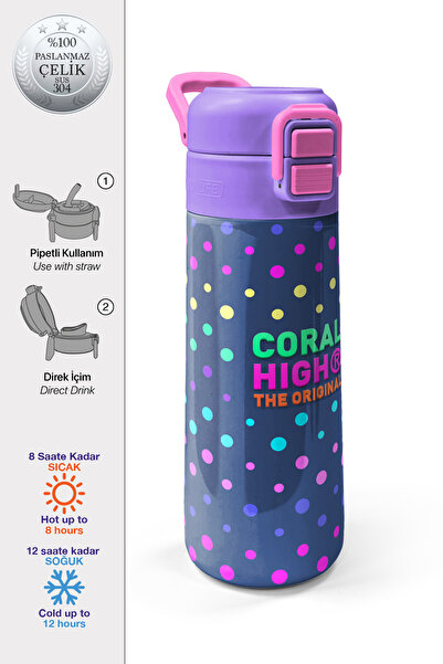 Coral High Kids Navy Blue Polka Dot Patterned Straw and Direct Drinking Steel...