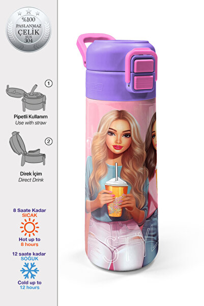 Coral High Kids Pink Coral Fashion Girl Patterned Straw and Direct Drinking S...