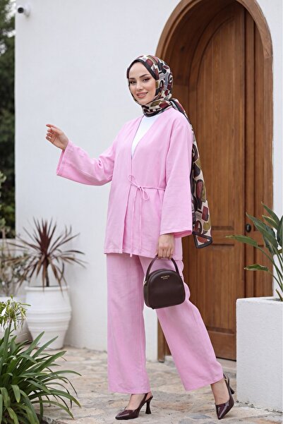 Modamorfo Set kimono cu pantaloni cu legătură frontală -roz