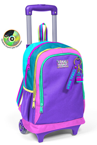Coral High Pink Pastel Colorful Three-Compartment School Backpack with Squeeg...
