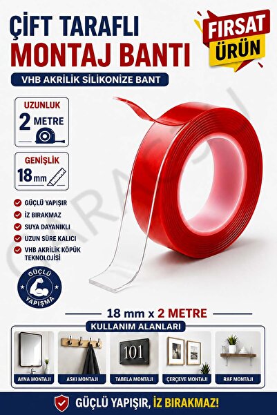 garaccu Çift Taraflı Şeffaf Silikon Montaj Bandı 2 Metre - Güçlü Yapışkanlı S...