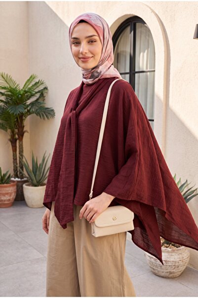 Modamorfo Loose Polyviscon Tunic with Long Belt on the Back - Plum