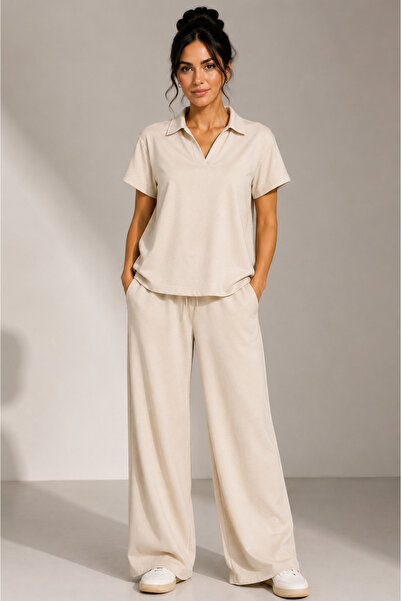 HELMİRA Women's Cream Polo Collar Detailed Wide-Leg Pants Modal Fabric Top an...