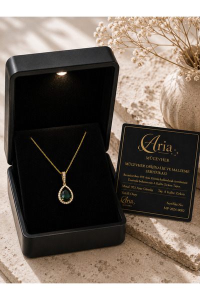 eva'sjewellery diamond 925 Ayar Gümüş Damla Kesim Zümrüt Kolye – Zirkon Taşlı...