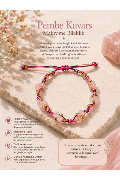 OSMANLI DEĞERLİ TAŞ SERTİFİKALI PEMBE KUVARS MAKROME BİLEKLİK