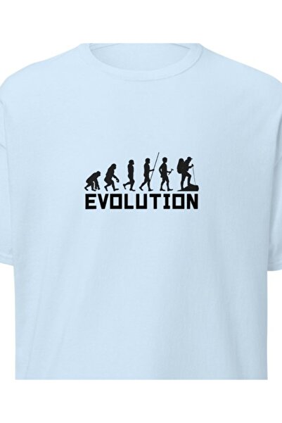 Evolution İnsan Evrimi Dağcı Doğa Yürüyüşü Kamp Baskılı Unisex Pamuklu Tişört