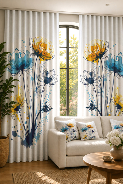 Decorative Printed Floral Pattern Blue Living Room Kitchen Background Curtain (SINGLE WING - IP ADJUSTABLE EXTRAPHOR)