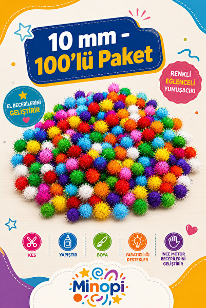 Minopi Renkli Simli Ponpon Peluş Top 100'lü Paket 10 mm Hobi Tasarım Anasınıf...