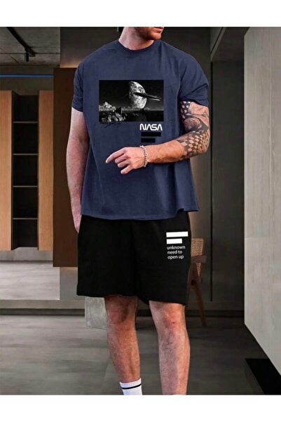SANTAMİLA Navy Blue Nasa Printed Top and Bottom Shorts T-shirt Set