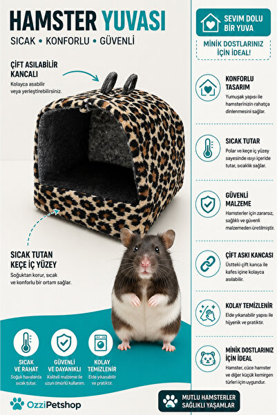 ozzipetshop Hamster Evi Polar Kaplamalı Sıcak Yuva Çift Çengelli Gonzales Ham...