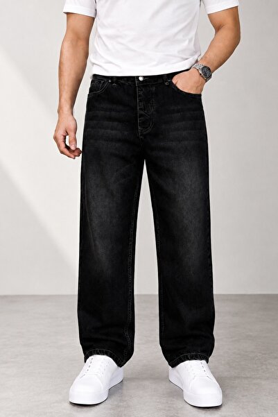 Gussi Erkek Siyah Baggy Fit Likrasız Rahat Kesim Jean Pantolon