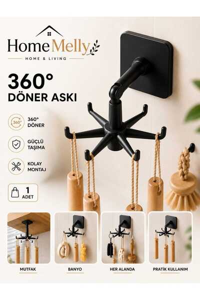 btm home 360° Dönen Çok Amaçlı Yapışkanlı Siyah Banyo & Mutfak Askısı – Barda...