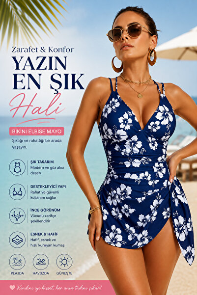 NQX PULL PROFESSIONAL Kadın Toparlayıcı Etekli Kadın Mayo – Çiçek Desenli Pla...