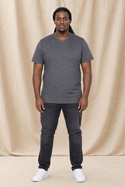 Starbattal Men's Large Size Lycra Basic V-Neck T-Shirt 11170 Anthracite Melange