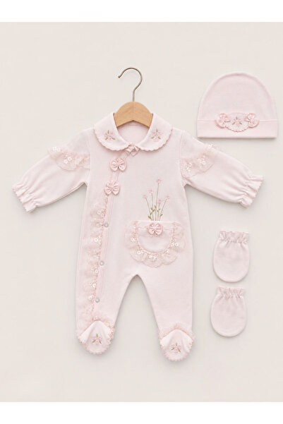 Kardeşler Bebe Lace Floral Embroidered Baby Girl Jumpsuit Beanie Glove Set