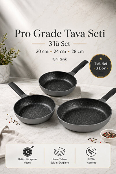 Aryıldız Pro Grade 3 'lü Döküm Granit Yapışmaz Tava Seti 20 - 24 - 28 Cm Gri