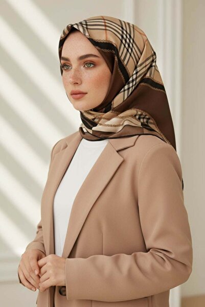 Vissona %100 Twill İpek Ekose Desenli Kahverengi Renkli 90x90 Eşarp Dikim Şek...