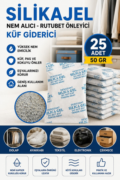 Hobialem 25 Adet - Silikajel, Nem Alıcı, 50 Gr, Rutubet Önleyici Küf Giderici...