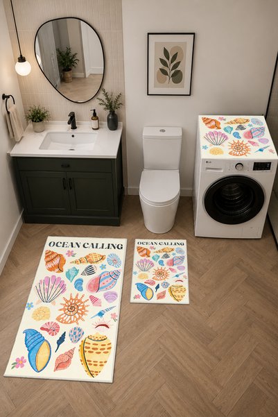 Coco Clementine Modern 3 Parça Banyo Paspas Seti Kaymaz Tabanlı Makinede Yıka...