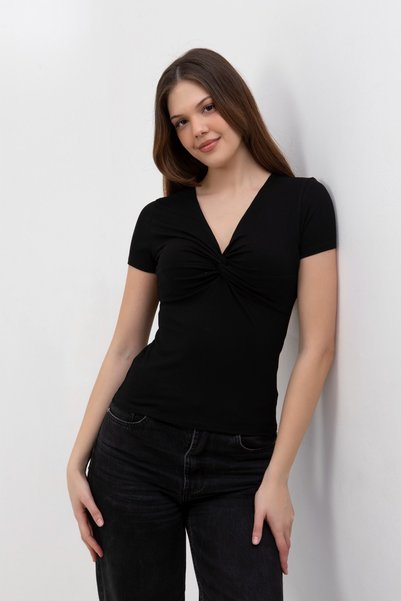 HDM Women's Black Drawstring Detailed Ribbed Regular Fit Casual Blouse - H6040