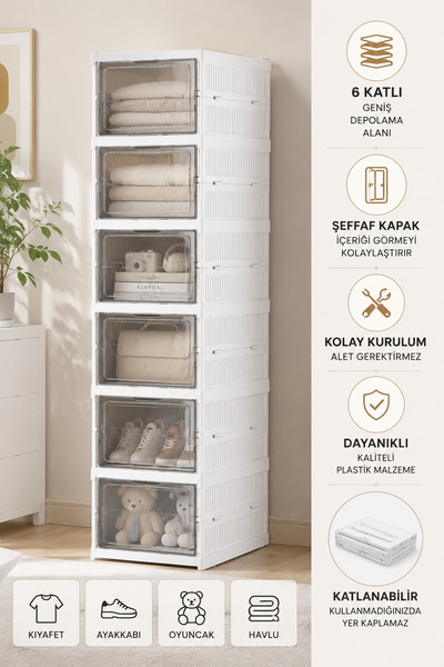 Myplas 6 Katlı Portatif Kapaklı Saklama Dolabı Katlanır Plastik Ayakkabılık O...
