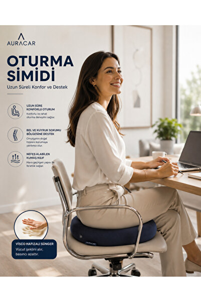 Auracar Ortopedik Oturma Simidi Minderi Visco Hafızalı Sünger Kuyruk Sokumu Destek Yastığı Yuvarlak
