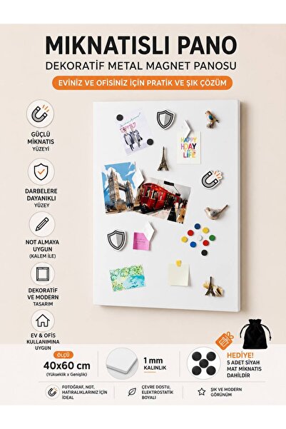 pınars Mıknatıslı Pano Beyaz 40x60 cm Dekoratif Metal Magnet Panosu , Not Fot...