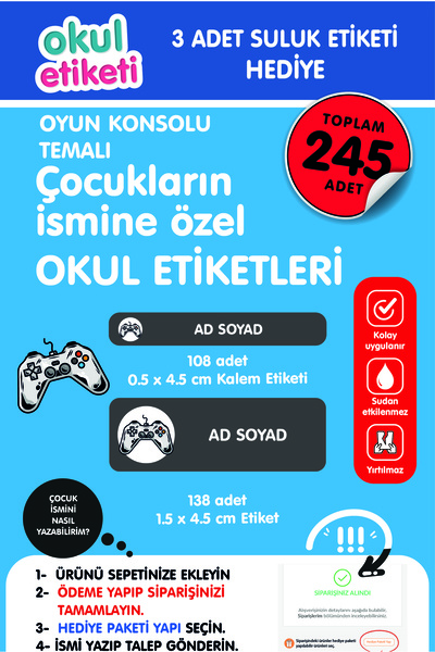 OKUL ETİKETİ BASKI OKUL ETİKETİ OYUN KONSOLU TEMALI MİDİ PAKET İSME ÖZEL OKUL...