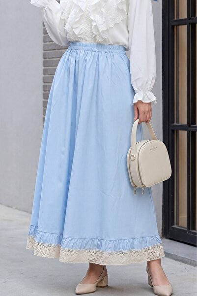 Modamorfo Elastic Waist Lace Detailed Pocketed Poplin Skirt - Baby Blue