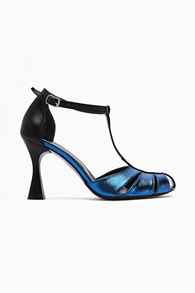 Limoya Mian Genuine Leather Blue Belt Detailed Buckle Women's Heeled Shoes