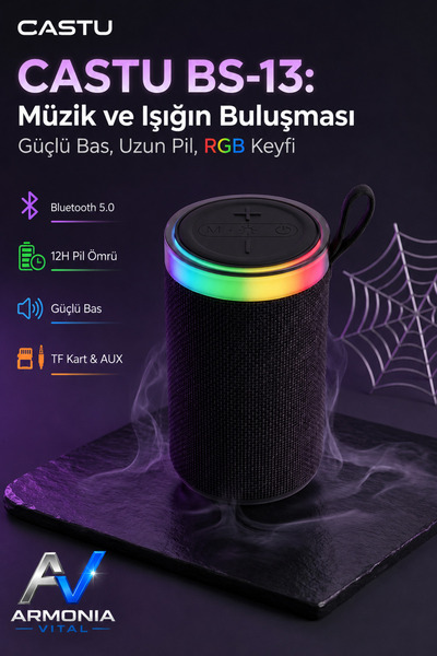 CASTU BS-13 RGB LED Işıklı Taşınabilir Bluetooth Hoparlör Yüksek Sesli Kablos...