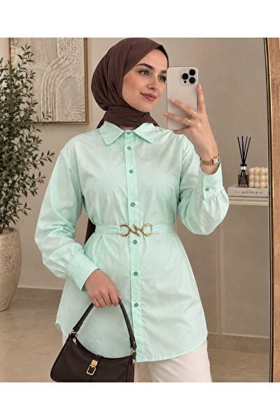 YEK&BİR Women's Gold Belt-Detail Balloon Sleeve Tunic Shirt