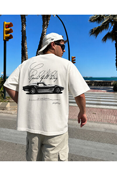 CARACOLLECTİON Speed All Day Araba Baskılı %100 Pamuk Oversize Unisex Tişört