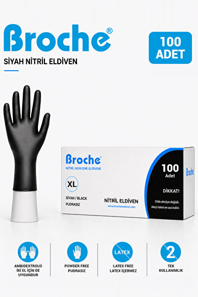 Broche TEK KULLANIMLIK PUDRASIZ NİTRİL ELDİVEN XL BEDEN SİYAH 100'LÜ