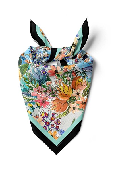 Modabutik Violla F43 Kadın Su Yeşili Siyah Jardin Desenli 50x50 Bandana HYL D...