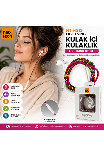 Nettech NT-HS13 Lightning Girişli Kulak İçi Kulaklık – Örgü Kablolu, Mikrofon...