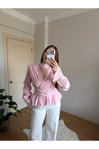 Sehna Fularlı Vatkalı Bele Oturan Pembe Bluz